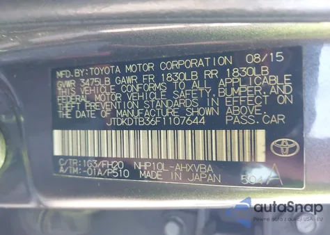 2015 Toyota Prius C One из США, поврежденный, VIN JTDKDTB36F1107644